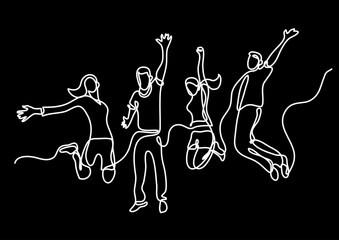 continuous line drawing vector illustration with FULLY EDITABLE STROKE of happy jumping persons as concept of happiness on black background