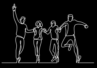 continuous line drawing vector illustration with FULLY EDITABLE STROKE of happy jumping persons as concept of happiness on black background