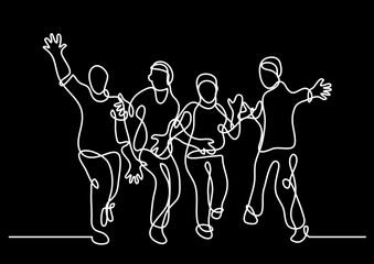 continuous line drawing vector illustration with FULLY EDITABLE STROKE of happy jumping persons as concept of happiness on black background