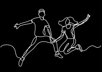 continuous line drawing vector illustration with FULLY EDITABLE STROKE of happy jumping persons as concept of happiness on black background