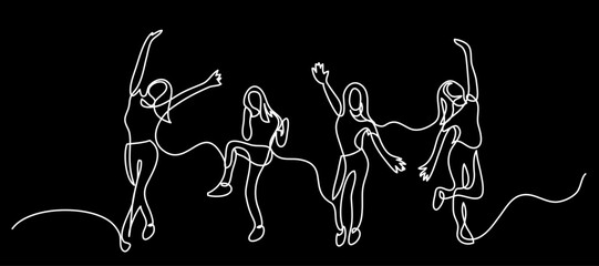 continuous line drawing vector illustration with FULLY EDITABLE STROKE of happy jumping persons as concept of happiness on black background
