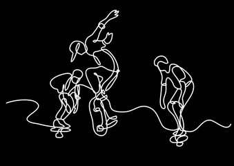 continuous line drawing vector illustration with FULLY EDITABLE STROKE of happy jumping persons as concept of happiness on black background