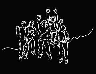 Fototapeta na wymiar continuous line drawing vector illustration with FULLY EDITABLE STROKE of happy jumping persons as concept of happiness on black background