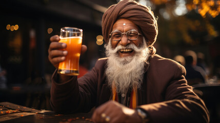 Portrait of a bearded Indian man in turban drinking a glass of beer in street.