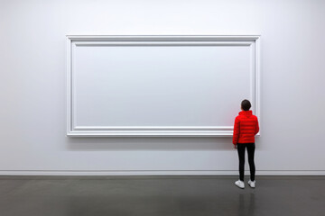 Fototapeta premium person standing in front of a empty blank white frame on a white wall