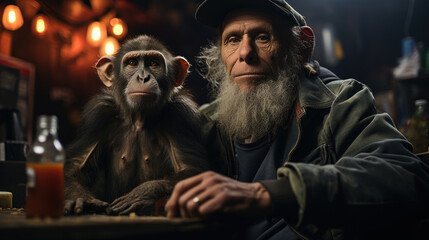 Old man with long gray beard sitting at table with monkey.