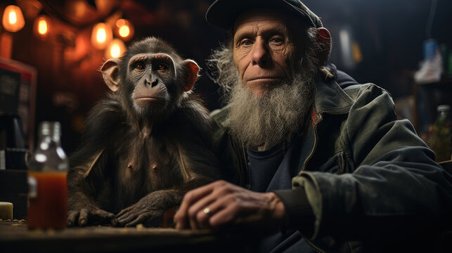 Old man with long gray beard sitting at table with monkey.