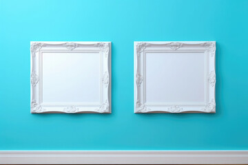 Two white vintage empty blank frames on a blue wall