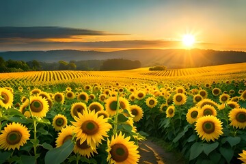 Obraz premium A landscape of sunflowers blooming in a sunflower field illuminated by sunlight,and mountains in the background
