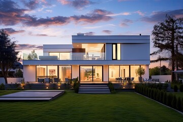 Gorgeous modern white house featuring vibrant green grass and a picturesque sky transitioning between twilight and daylight.