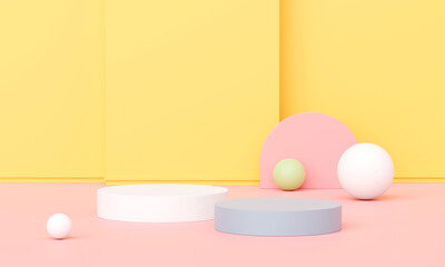 3d render, Minimal empty podium platform background for mock up, pedestal for product or cosmetic showing scene, pastel and warm colorful tone, abstract geometric studio.