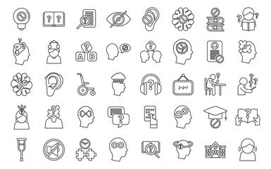 Learning disability icons set outline vector. Education insclusive. School test - obrazy, fototapety, plakaty