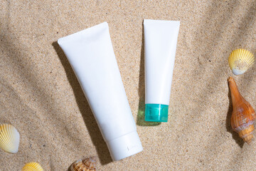 Sunscreen container mockup with sea shells and palm leaves shadow
