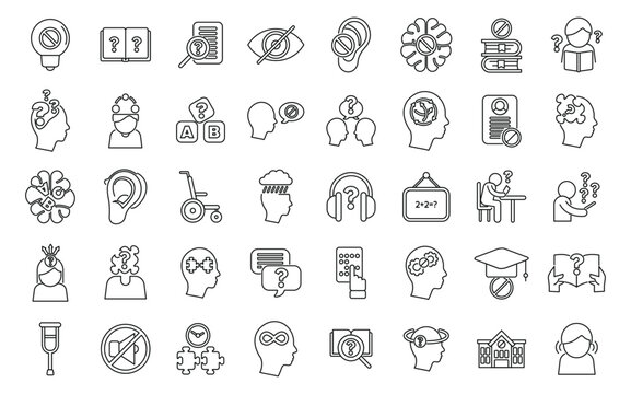 Learning disability icons set outline vector. Education insclusive. School test