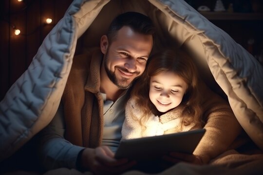 father and son smile looking at the tablet at night under a blanket