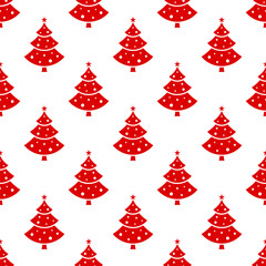 Small red Christmas trees isolated on white background. Cute monochrome seamless pattern. Vector simple flat graphic illustration. Texture.