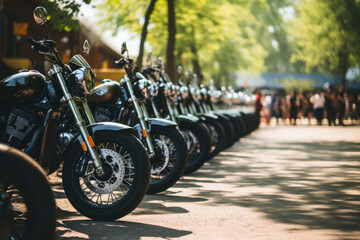 motorcycles parked on the motorcycles parking lot on gathering or event, AI Generated - obrazy, fototapety, plakaty
