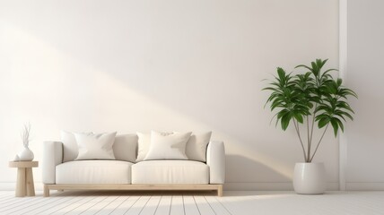 Fototapeta na wymiar White modern room with sofa, plant and wall space. Scandinavian interior design created with Generative AI