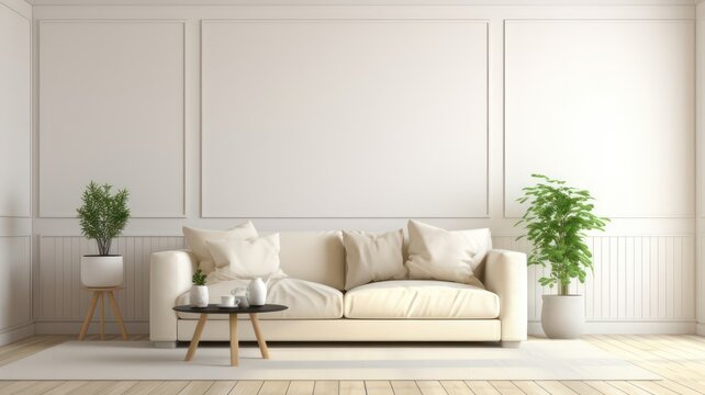 White modern room with sofa, plant and wall space. Scandinavian interior design created with Generative AI