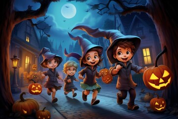 Kids run down the street dressed up for Halloween, trick or treating, with the moon shining in the background