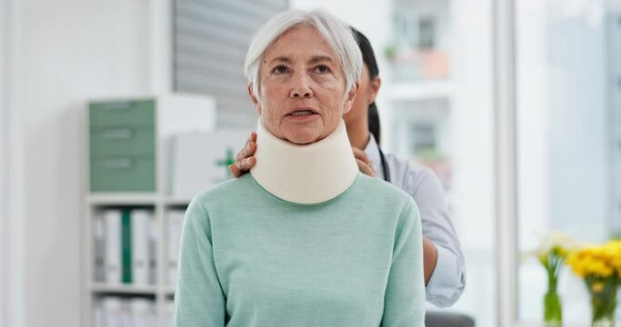 Doctor, senior woman and neck brace after injury, accident or hospital emergency. Medical professional, elderly person and collar in consultation for healthcare, wellness or healing in rehabilitation
