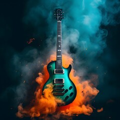 Green electric guitar surrounded by smoke colored in various hues on dark background. Music concept.