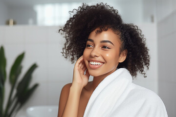 Refreshed Young Black Woman Using White Bath Towel after Shower