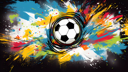 Soccer ball in flight in graffiti style on a bright background.