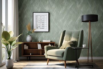 A contemporary design for a living room featuring a simulated poster frame, a cozy frotte armchair, a sleek metallic shelf, and attractive home decor. The room is adorned with a unique wallpaper and