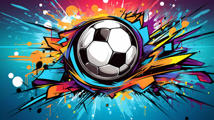 Soccer ball in flight in graffiti style on a bright background.