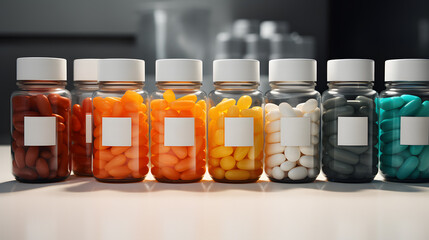 Vibrant Pills in a Container Against a White Backdrop
 - obrazy, fototapety, plakaty