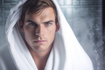 Refreshed Young Man Using White Bath Towel after Shower
