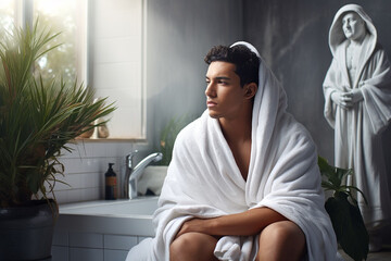 Refreshed Young Man Using White Bath Towel after Shower