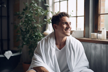 Refreshed Young Man Using White Bath Towel after Shower