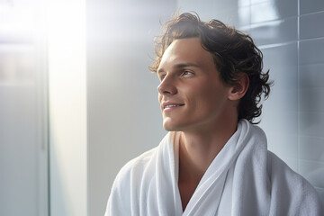 Refreshed Young Man Using White Bath Towel after Shower
