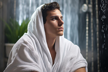 Refreshed Young Man Using White Bath Towel after Shower