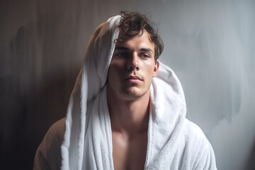 Refreshed Young Man Using White Bath Towel after Shower