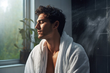 Refreshed Young Man Using White Bath Towel after Shower