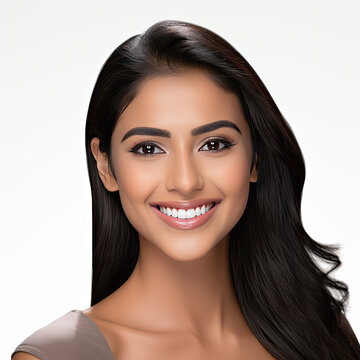 a closeup photo portrait of a beautiful young asian indian model woman smiling with clean teeth. used for a dental ad. isolated on white background, AI Content
