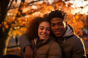 happy interracial couple hugging in a park