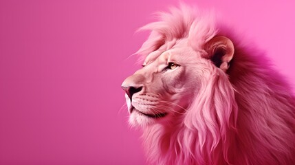 Lion with big mane on pastel pink background. Abstract portrait of a wild animal.