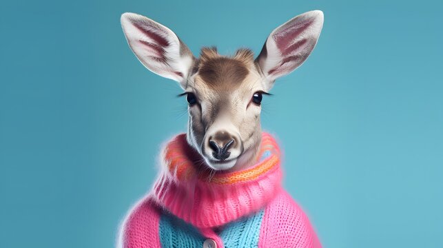 A human size reindeer in a trendy vintage hipster Winter sweatshirt. Abstract, illustrated, minimal portrait of a wild animal dressed up as a man in elegant clothes.