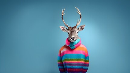 A human size reindeer in a trendy vintage hipster Winter sweatshirt. Abstract, illustrated, minimal portrait of a wild animal dressed up as a man in elegant clothes.