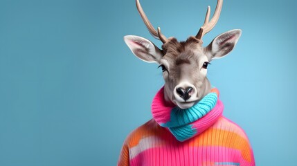 A human size reindeer in a trendy vintage hipster Winter sweatshirt. Abstract, illustrated, minimal portrait of a wild animal dressed up as a man in elegant clothes.