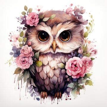 Cute owl with flowers watercolor illustration.