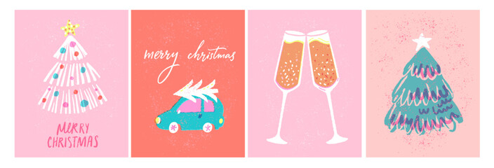 Retro risoprint Christmas greeting cards design, vector illustrations of Christmas tree, champagne glasses, spruce tree delivery on vintage car and hand lettering inscription - 633120168