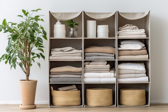 The shelves of the cupboard for bed linens are organized with straw baskets containing potted plants. This textile arrangement follows a minimalistic Scandinavian style, with neatly folded bedding