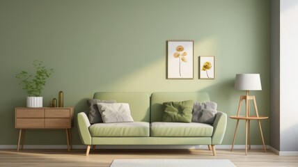 Interior of stylish living room with light green sofa and light grey wall created with Generative AI