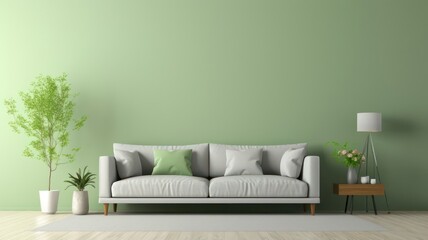 Interior of stylish living room with light green sofa and light grey wall created with Generative AI