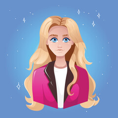 Portrait of a blonde girl with long hair and big blue eyes. The girl is dressed in a pink suit. Girl on a blue background with stars